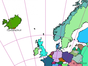 Eyjafjallajökull un Rīga Antarktīdas polārajā stereogrāfiskajā projekcijā