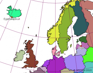 Eyjafjallajökull un Rīga Lamberta konformajā koniskajā projekcijā