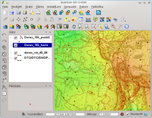 QGIS attēlo divus GRASS vektoru slāņus, puscaurspīdīgu reljefa slāni un fonā tiek izmantots ĢISnet.lv WMS serviss